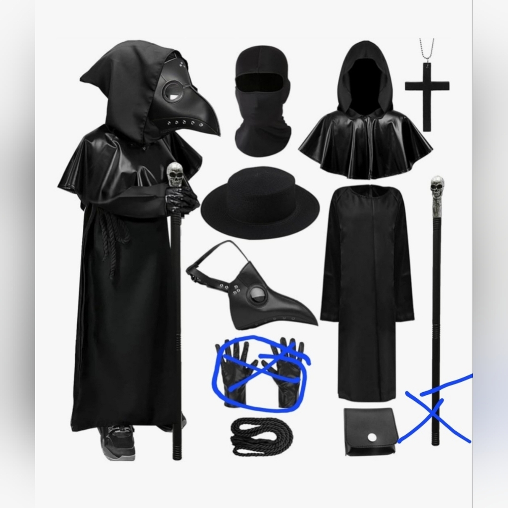 Plague Doctor Black Cloak Robe with Bird Mask Leather Hood Scary Halloween Cost